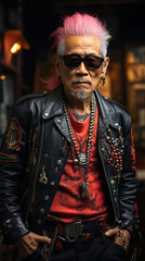 Asian senior man portrait in punk style