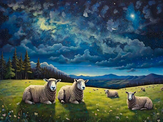 牧草地の羊と星夜 - obrazy, fototapety, plakaty