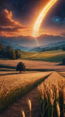 Papier Peint photo Lavable Chocolat brun The appearance of a meteor over a wheat field