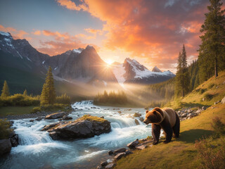 a bear looking for fish in a river with a mountain in the background