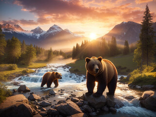 two bears looking for fish in the river with the sun rising behind the mountain