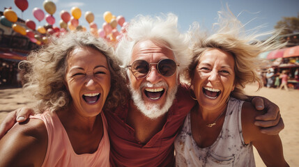 group of senior friends riding carousel at amusement park