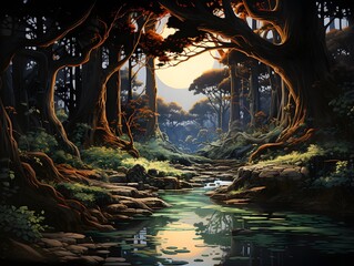 Fantasy forest landscape with a river and trees. 3d rendering