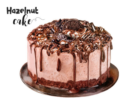 Watercolor illustration of hazelnut cake dessert close up. Design template for packaging, menu, postcards.