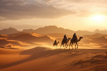 Fototapeta na wymiar Tuareg And Camels Traverse The Vastness Of The Desert
