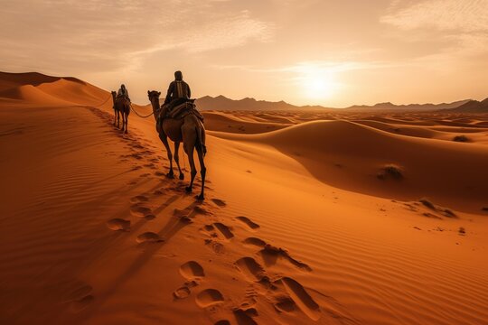Tuareg And Camels Traverse The Vastness Of The Desert