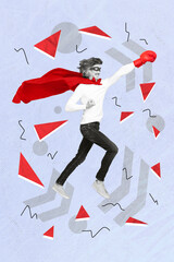 Vertical collage picture of black white colors excited guy superhero cape run fly arm punch boxing...