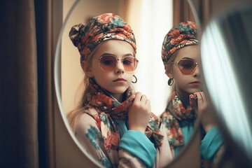 Obraz premium Young woman in front of a mirror in a beauty salon. Elegant makeup, stylish haircut, care. AI generated.
