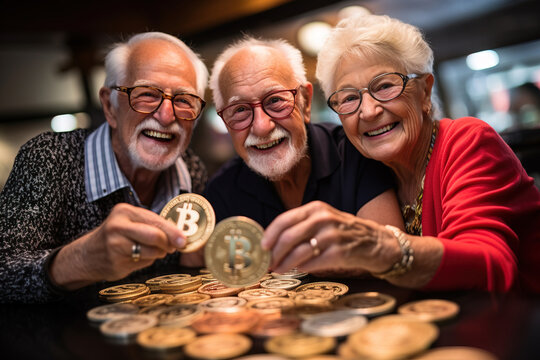 group of senior friends holding bitcoin