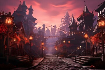 Fantasy illustration of a medieval town at night. 3D rendering