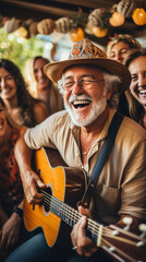 Obraz premium Senior man playing guitar for group of friends