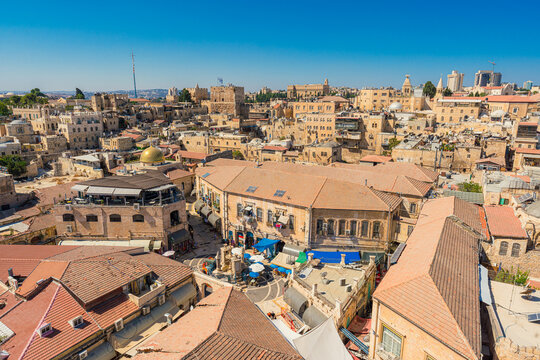 High-angle view of the Muristan area in the Christian Quarter of the Jerusalem Old City