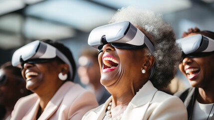 group of senior friends wearing vr headset