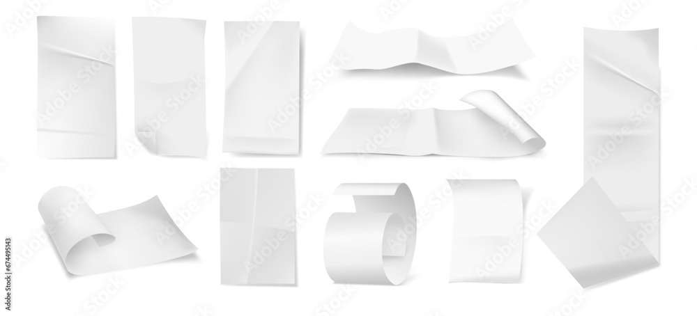 Poster creasy empty paper sheet, crumpled long bill, rolled blank page mockup or copy space. vector isolate