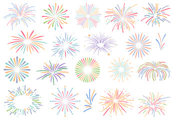 Festival fireworks, New Year and Christmas greeting and invitation postcard design. Firecrackers sparkles for birthday anniversary celebration, festive colorful crackers, entertainment salutes