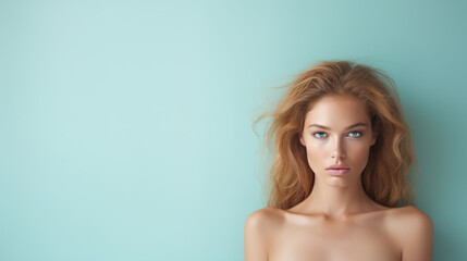Fototapeta premium Serious naked fashion young woman Caucasian blonde model on a blue banner with copy space