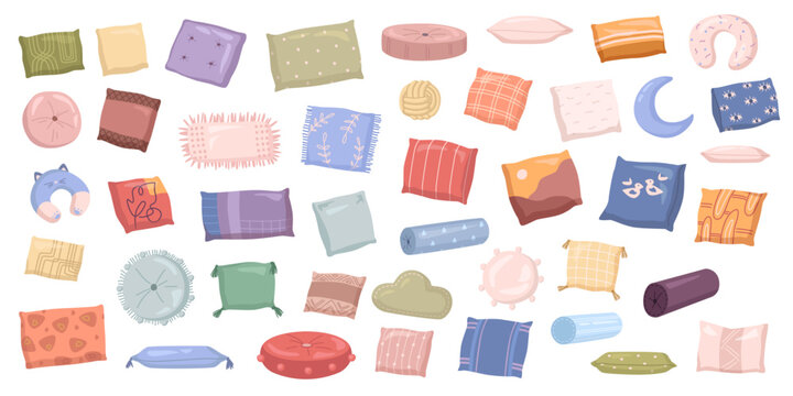 Textile pillows vector icons set. Soft stylish pillows, interiors design decoration for relax and sleep. Home interior decor pillow, sofa feathered cushion, cozy pillows flat vector collection