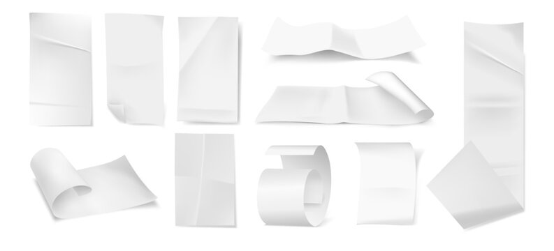 Creasy empty paper sheet, crumpled long bill, rolled blank page mockup or copy space. Vector isolated deformed notebook or textbook piece, wrinkled and curved, folded texture effect
