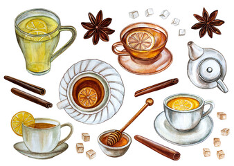 Set of tea cups, pot, lemon, honey and spices. Watercolor illustration isolated on white background.