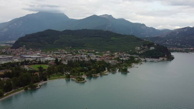 beautiful aerial view of italian town Riva del Garda near Garda lake, 4k footage