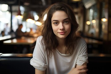 Young Woman Wearing White Tshirt At Cozy Restaurant. Сoncept Casual Dining, Fashionable Outfit, Cozy Ambiance, Tasteful Decor, Stylish Portraits