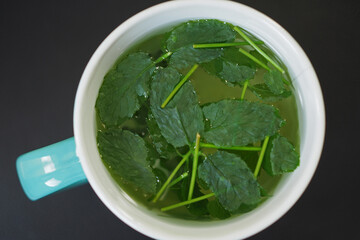 Close up of a mug of peppermint tea with freshly cut mint leaves, from above