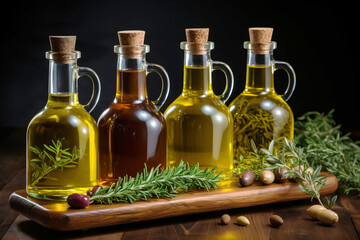 Options in a row olive oil in bottles, dark background, rosemary leaves. AI generated.
