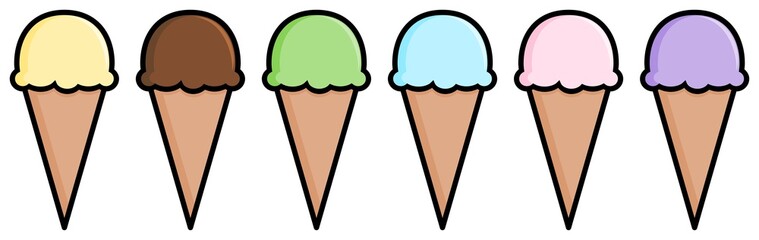 Cartoon ice-cream cone icon. Collection of ice cream in the cone waffle, different flavor. Ice illustration.