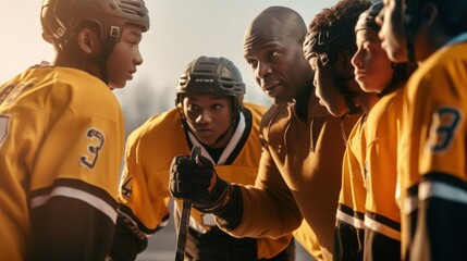 A hockey mentor imparts wisdom to young players, demonstrating the fundamentals of serving with precision and skill. - obrazy, fototapety, plakaty