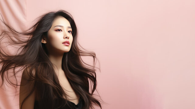 A asian woman breathes calmly looking up isolated on pastel background