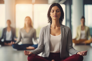 Mindfulness at Work - Employees participating in a meditation session in a corporate wellness program - AI Generated