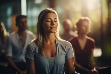 Mindfulness at Work - Employees participating in a meditation session in a corporate wellness program - AI Generated - obrazy, fototapety, plakaty
