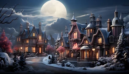 Fototapete Rund Fantasy winter landscape with a beautiful old house and a full moon © Iman
