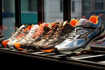 Assortment Of Mens Running Shoes In Shop Window Wide Range Of Mens Running Shoes Showcased In Store Window - obrazy, fototapety, plakaty