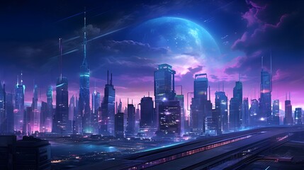 Night city panorama with skyscrapers and road. 3d rendering