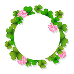 Round template with colorful clover leaves and flowers, shamrock, background for text. St. Patrick's day illustration, vector