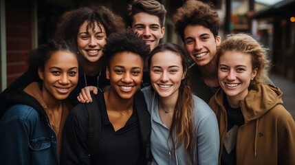 Young friends from different races and ethnicities who promote racial diversity and reject any form of discrimination. Portraits together.  - obrazy, fototapety, plakaty
