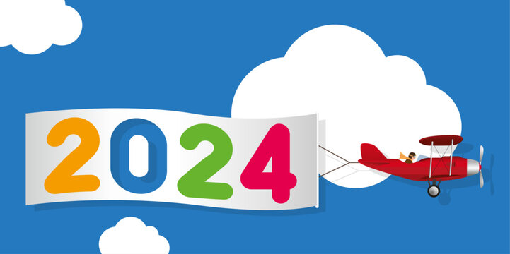 Carte de vœux humoristique, montrant un avion rouge à hélice tirant une banderole blanche, annonçant l’arrivée de l’année 2024.
