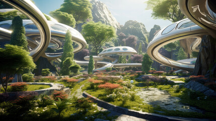 futuristic park with winding walkways and viewing platforms