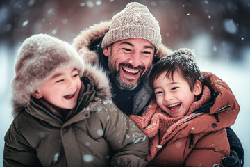 Obraz premium Portrait of a happy family in winter park. Father, son and daughter having fun. Selective focus