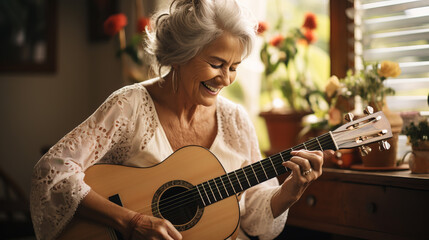 senior woman playing guitar - obrazy, fototapety, plakaty