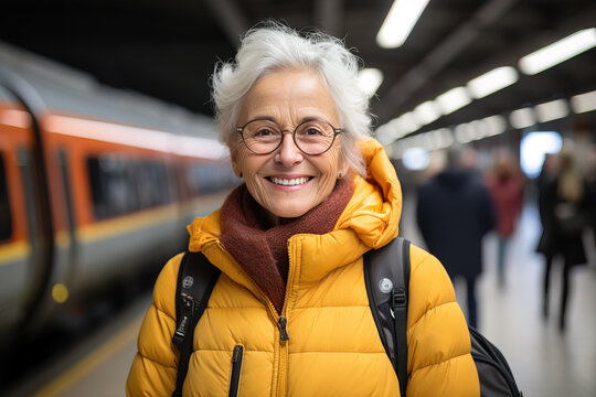 senior woman at train station during travel