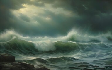 Stormy sea with stormy waves. Dramatic sky. Epic seascape. 3D render
