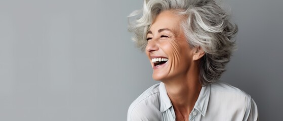 Beautiful gorgeous 50s mid age beautiful elderly senior model woman with grey hair laughing and smiling. Mature old lady close up portrait. Healthy face skin care beauty, skincare cosmetics, dental - obrazy, fototapety, plakaty