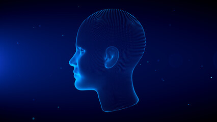 Blue Shine Side View 3d Human Female Head Anatomy Wireframe Hologram With Light Flare Glitter Particles