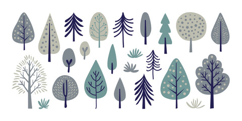 Set of hand drawn simple forest tree nature elements. Cute trendy cartoon style flat design. Seasonal decorative doodle isolated elements.