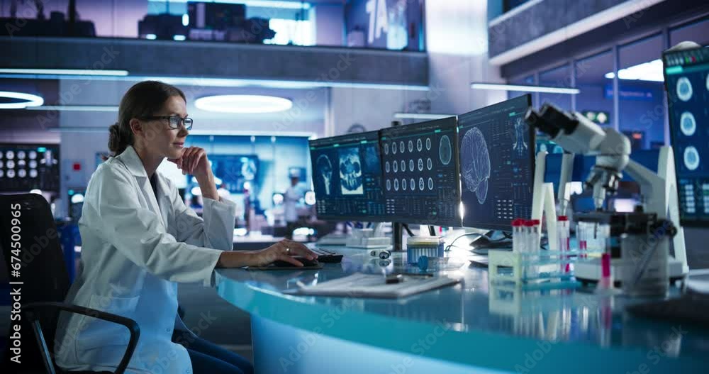 Poster diverse colleagues working in medical research laboratory: female caucasian neurologist analyzing ct