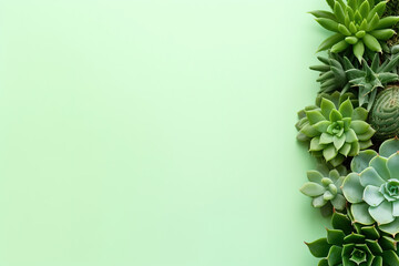 minimalistic light green background with succulents, with empty copy space