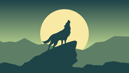 Wildlife wolf landscape vector illustration. Silhouette of wolf howling at night illustration. Wildlife landscape for background, wallpaper or landing page - obrazy, fototapety, plakaty