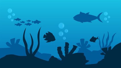 Underwater landscape vector illustration. Bottom sea landscape with fish, with coral reef. Sea world silhouette for background, wallpaper or landing page. Deep sea landscape vector background